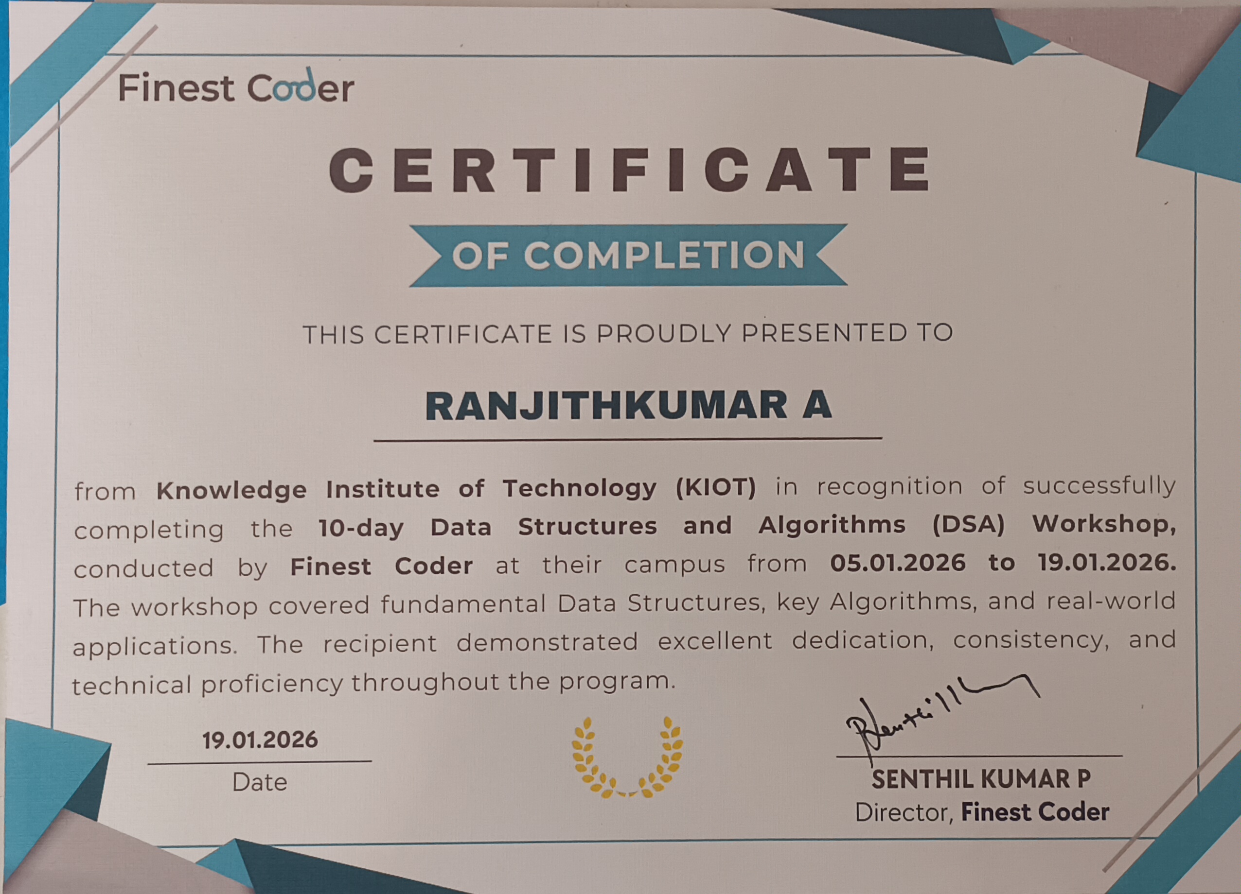 DSA Workshop Certificate